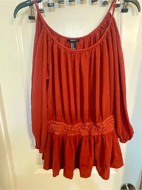 Forever 21 Burnt Orange Off-Shoulder Crochet-Waist Tunic
